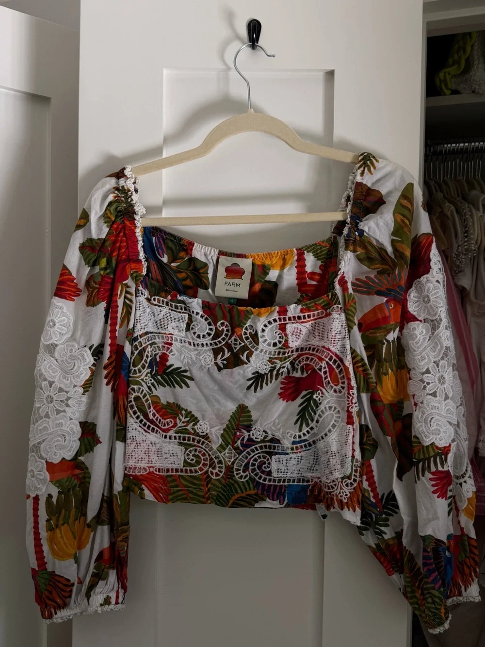 FARM Rio White Tropical Floral Lace Peasant Blouse